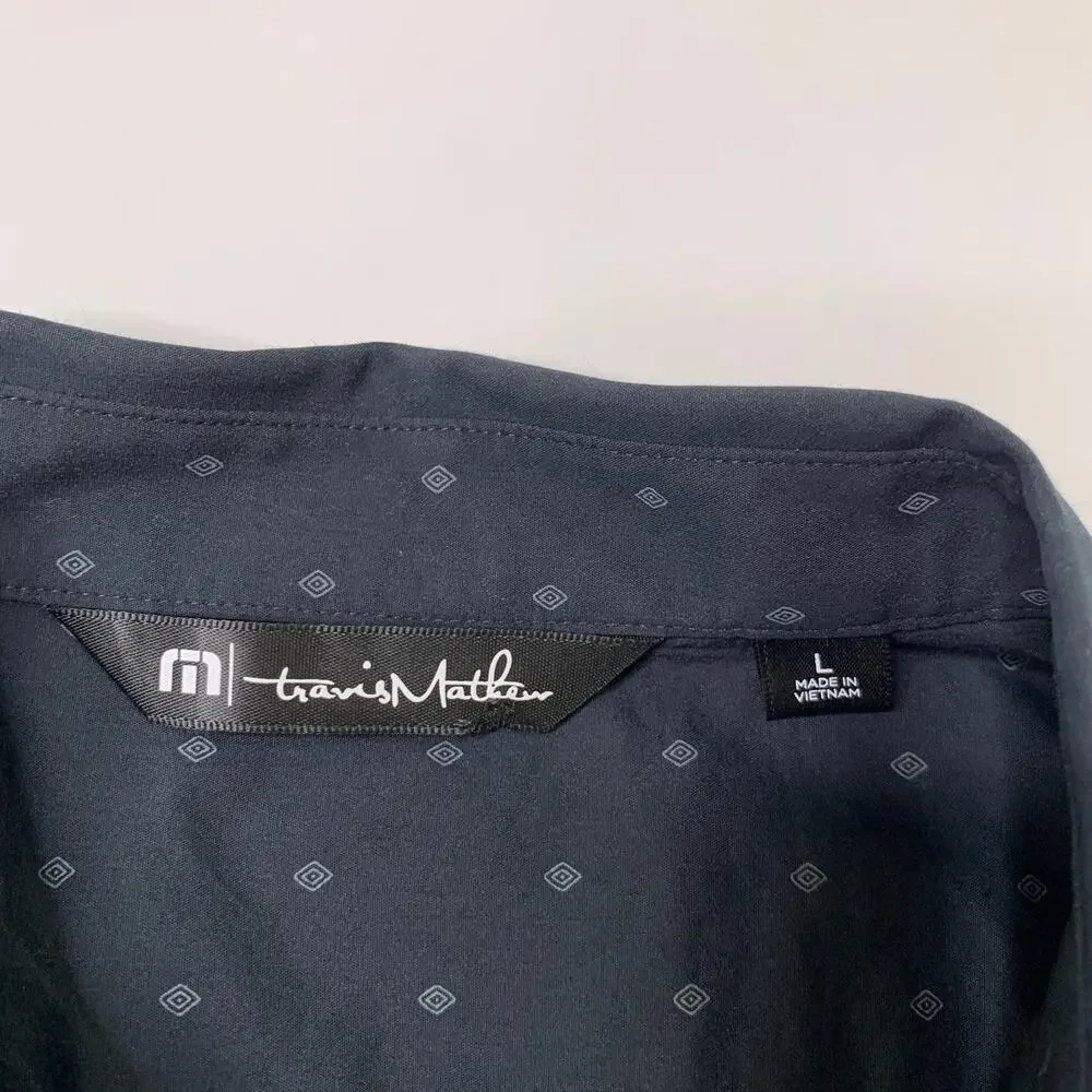 Travis Mathew Shirt Mens L Large Black Curved Shirttail Hem Point Collar Pocket